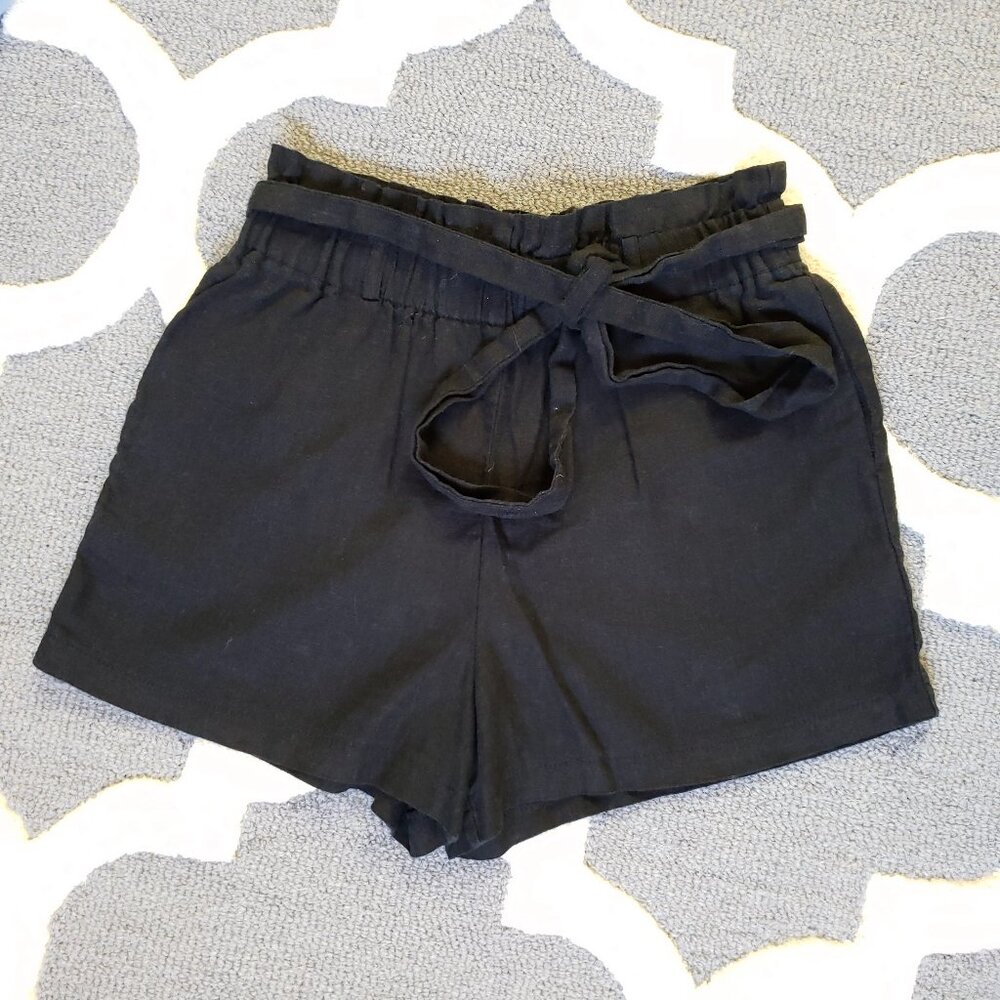 HAVE Women's Linen Shorts Paperbag Waist Belted Size M Black